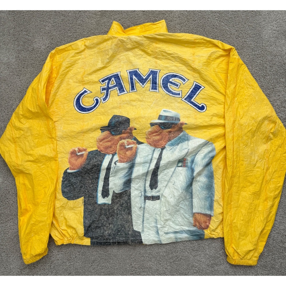 Vintage 1992 Joe Camel Tyvek Windbreaker Jacket Yellow Large Graphic 90s Retro